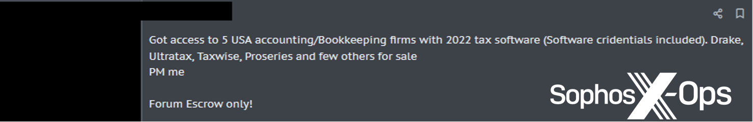 Figure 1: A forum post advertising access to a small US accounting firm