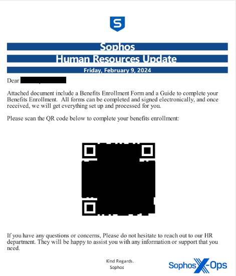 Screenshot: A malicious PDF attachment, emailed to Sophos employees, embeds a QR code image that leads to a phishing page