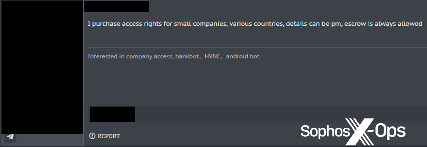 Figure 3: A cybercriminal offering to purchase access to small companies