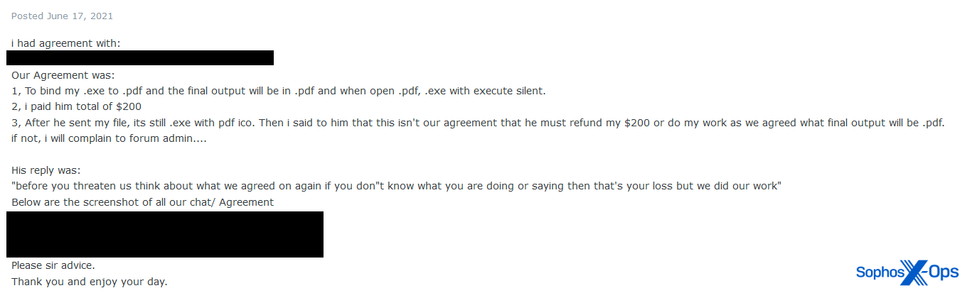 あるユーザーが自分の実行ファイルを PDF に組み入れるように依頼したが、代わりに PDF のアイコンの実行ファイルを受け取ったという詐欺の報告