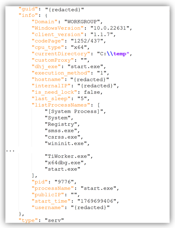 Screenshot of formatted JSON info block with potentially sensitive elements redacted