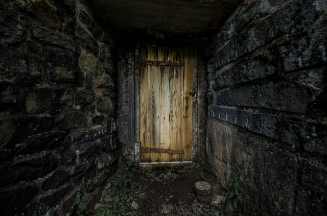 Damp black stone walls leading to a wooden door Damp black stone walls leading to a wooden door