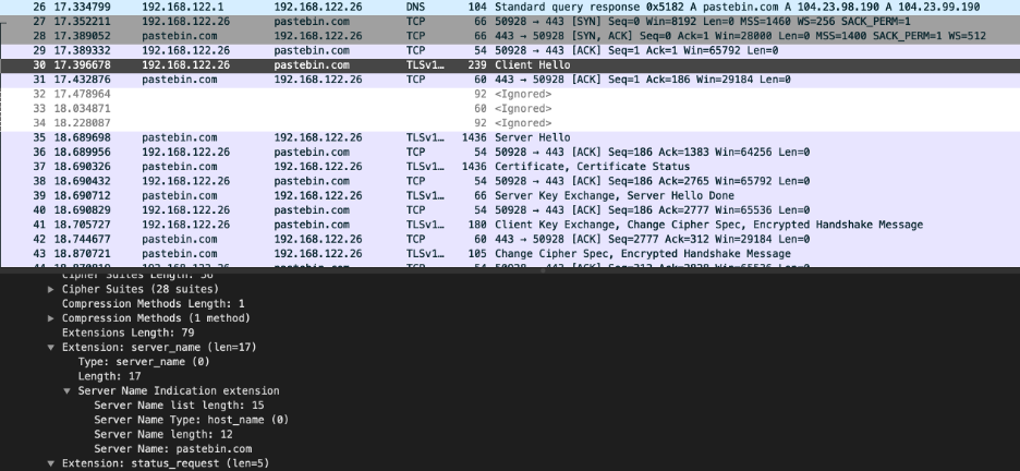 Wireshark screen capture of dropper calling Pastebin page