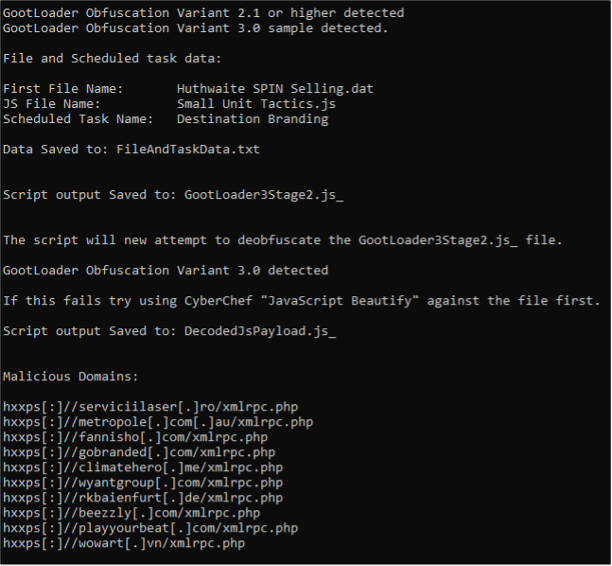 Figure 9: Mandiant’s python script for auto-decoding GootLoader’s JavaScript displays the output of Are_bengal_cats_legal_in_australia_72495.js