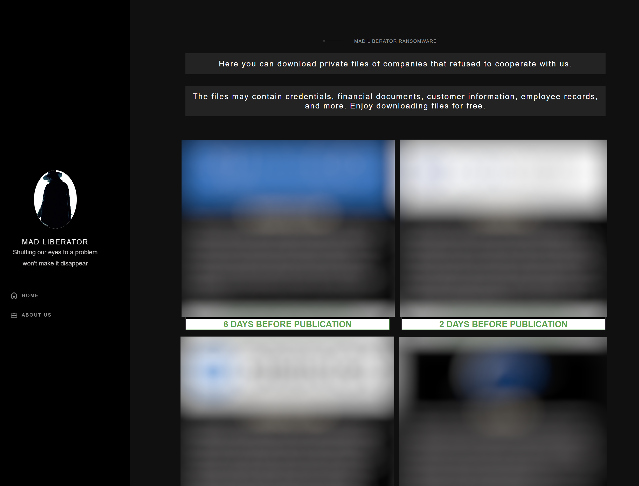 A screen capture showing the Mad Liberator site; information from four victims is present but redacted