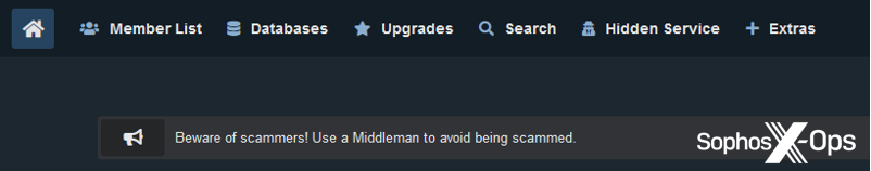 A warning about scams on the BreachForums homepage