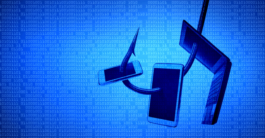 An illustration of a fish hook going through multiple mobile devices to illustrated phishing emails.