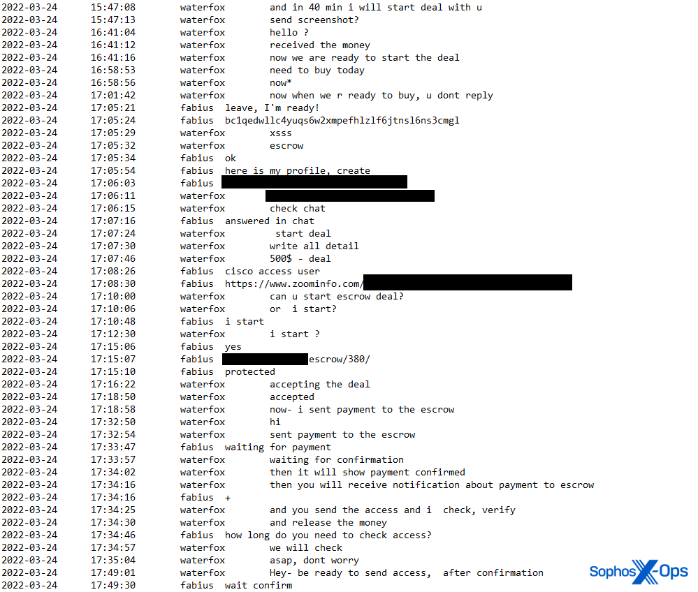 A screenshot of a private chat which shows the name of two victim organizations
