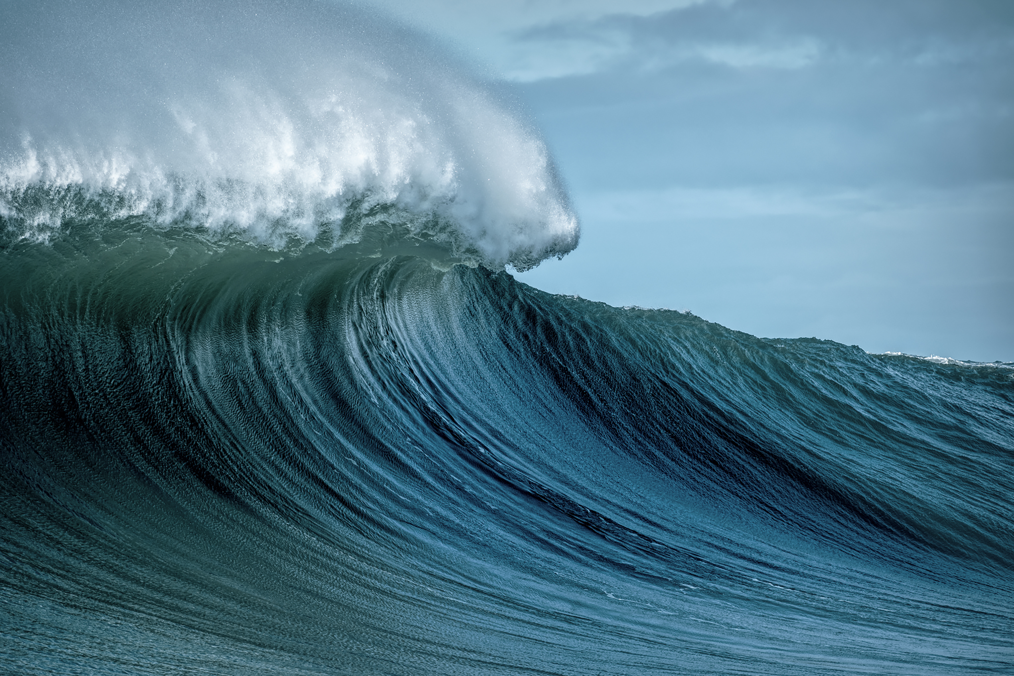 A photograph of a large wave rising on the left-hand side