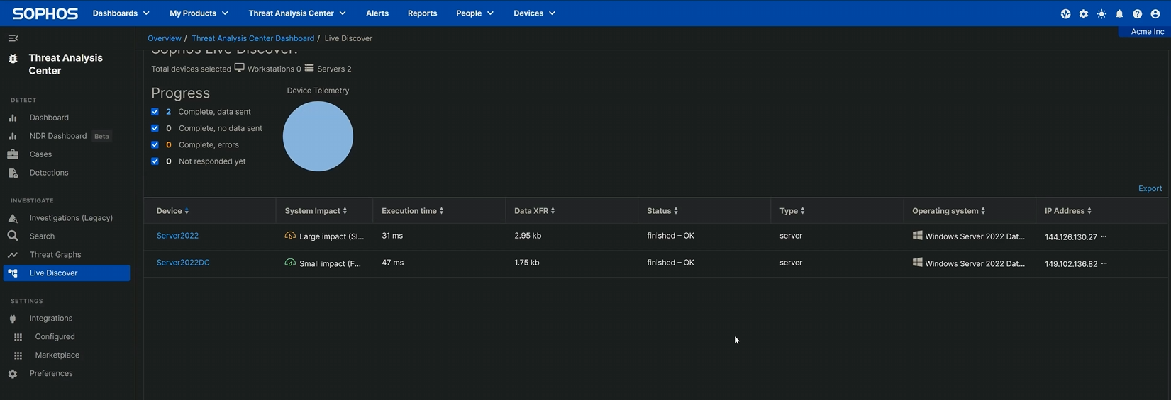 A screen capture from a Live Discover session showing the detection of two infected machines