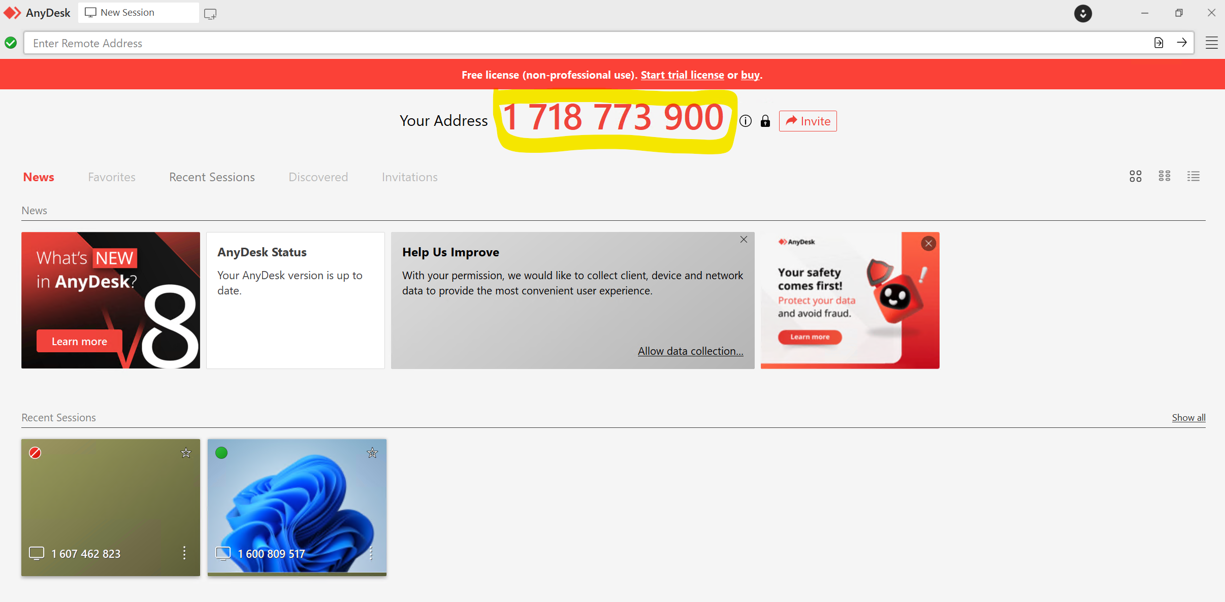 A screen capture showing the location of a ten-digit Anydesk address near the top of the screen