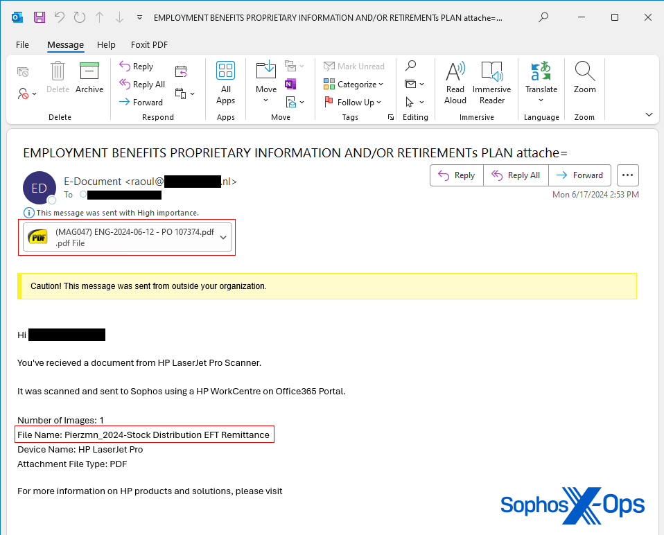 The original quishing email targeting a Sophos employee contained several inconsistencies and errors, including a mismatch of the attachment filename in the body, missing text in the subject and body, and a sender name that does not match usual corporate format