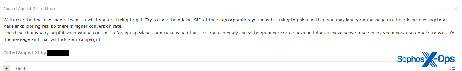 A screenshot of a post on a criminal forum