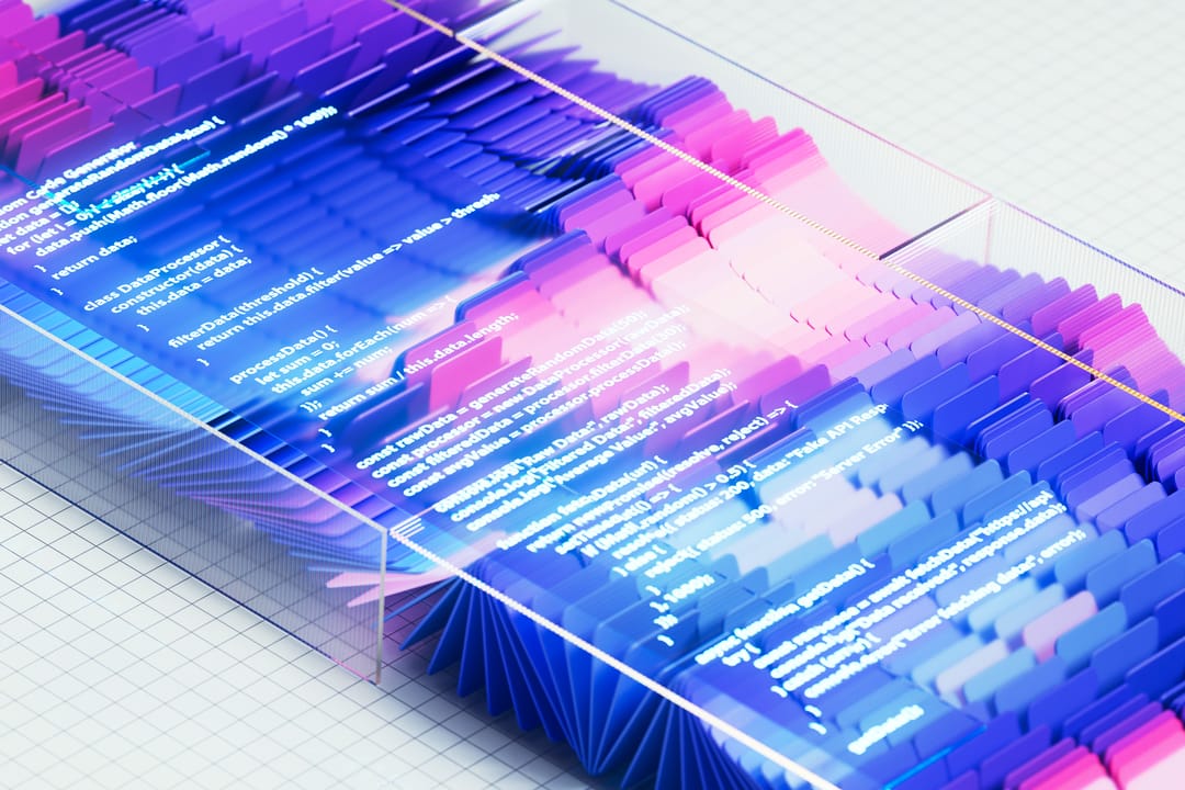 Colorful data flow visualization with programming code displayed on transparent panels