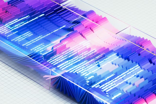 Colorful data flow visualization with programming code displayed on transparent panels Colorful data flow visualization with programming code displayed on transparent panels