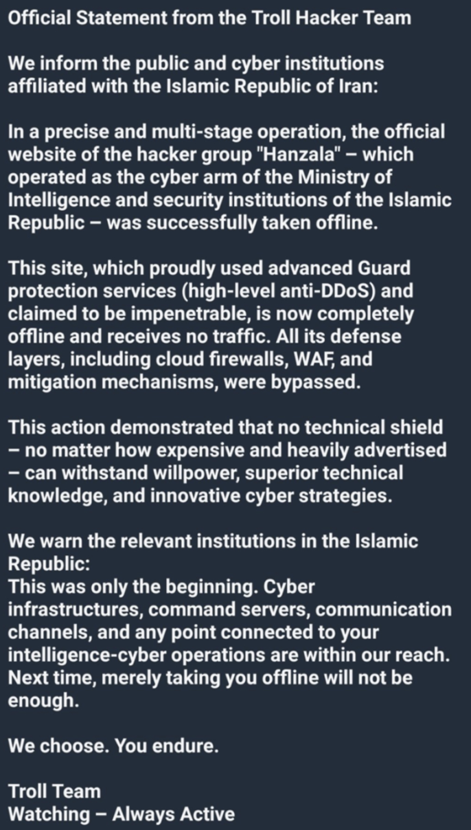 Troll Hacker Team Telegram post claiming a site was taken offline and warning of future activity against other organizations