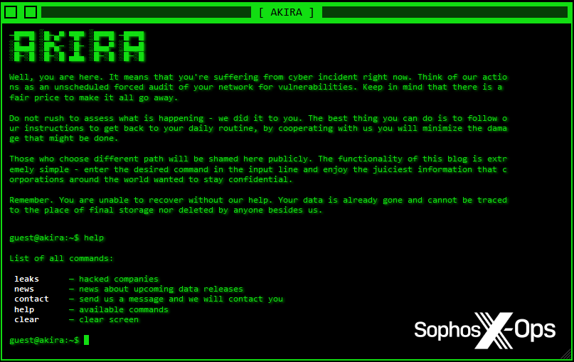 A screenshot of a ransomware leak site The leak site is styled to look like an interactive computer terminal, with green text on a black background