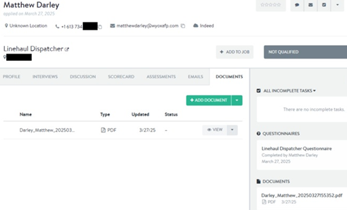 Screenshot of a fake resume uploaded to a recruitment platform