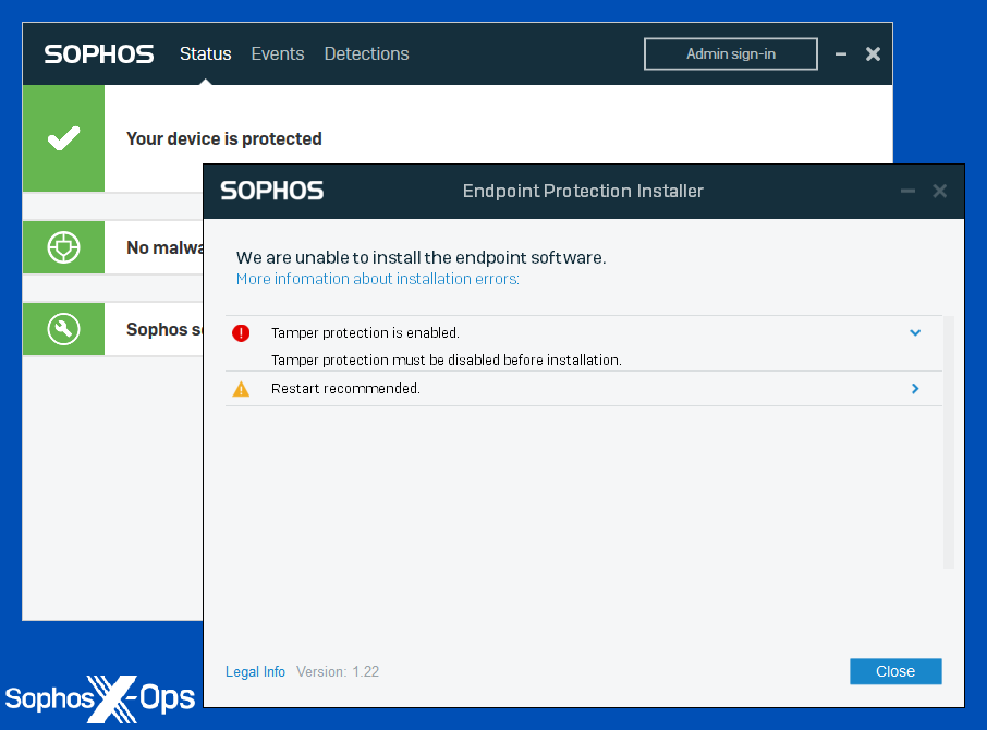 A screenshot of an error message noting that Tamper Protection is enabled