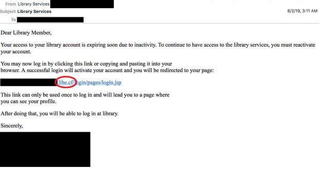 Figure 1. Phishing message containing a link to a COBALT DICKENS domain (circled in red). (Source: Secureworks)