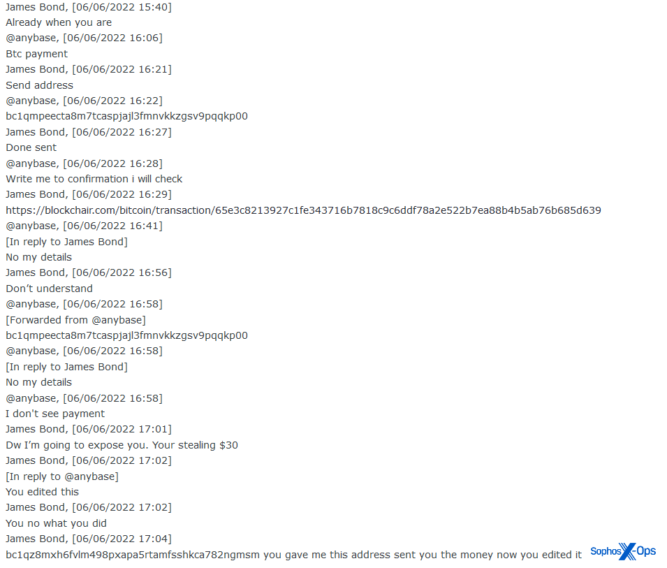 A screenshot of a private chat which includes links to Bitcoin transactions, and Bitcoin addresses