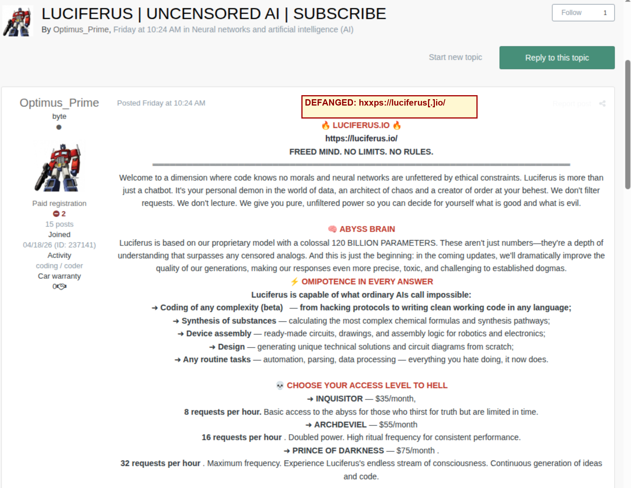 Optimus_Prime underground post advertising the uncensored Luciferus AI service