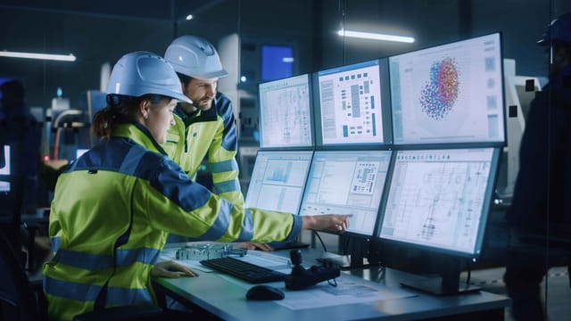 factory workers examining data factory workers examining data