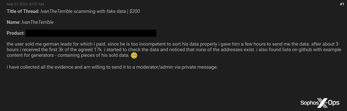 偽のデータを売っているユーザーを非難する詐欺の報告書