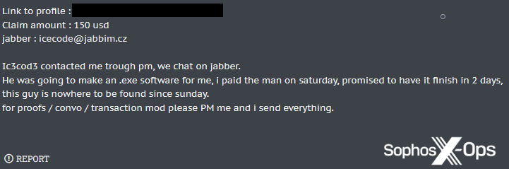 A forum post in which the user reports a scam and offers to send proof to the moderator