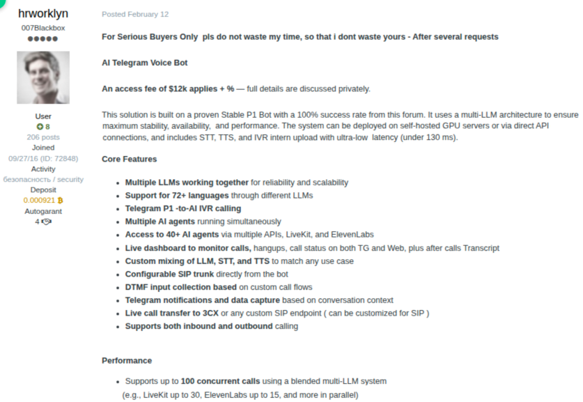 Underground forum post describing an AI Telegram voice bot
