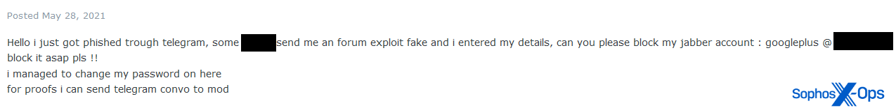 あるユーザーは詐欺に引っかかったことを認め、管理者に自分の Jabber アカウントをブロックするよう依頼していた。