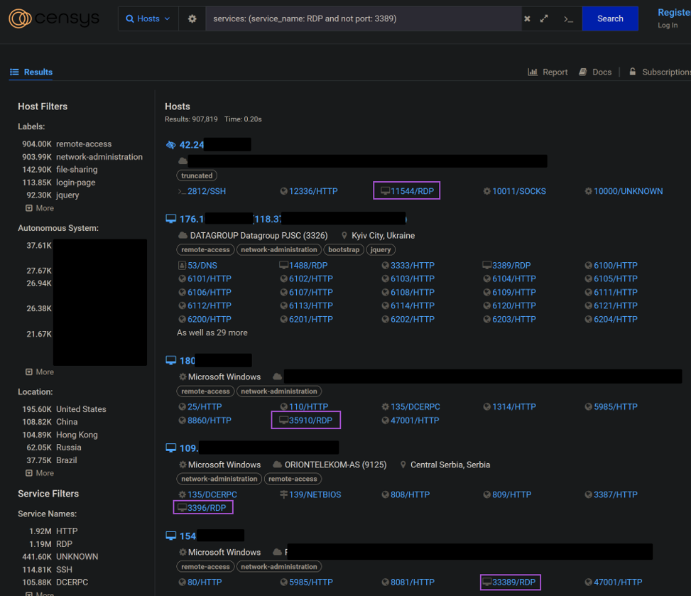 A screen capture of Censys shows that exposed RDP ports are easily found, even at nonstandard addresses