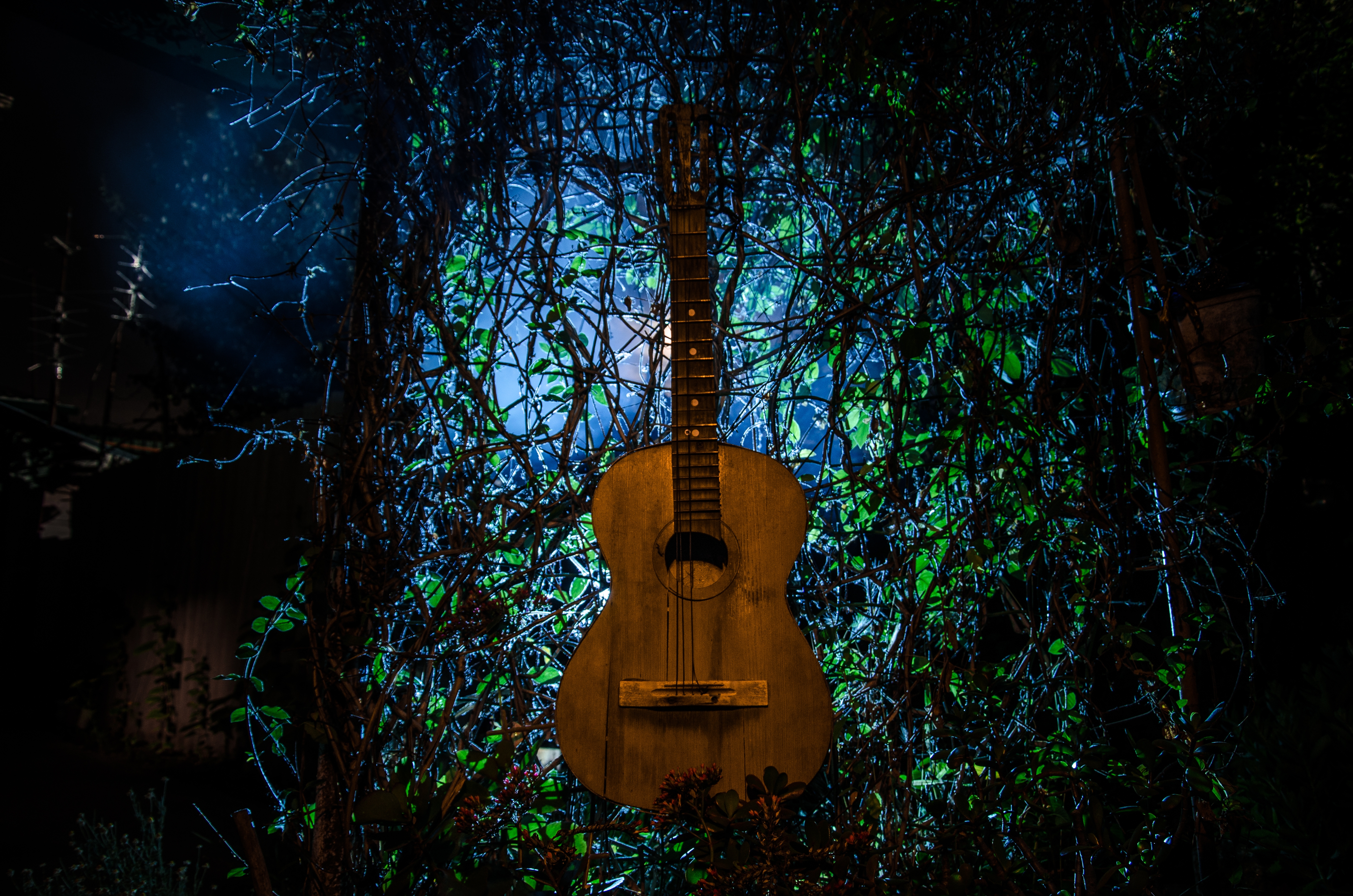 A,Wooden,Acoustic,Guitar,At,Night.,With,Spotlight,For,Your