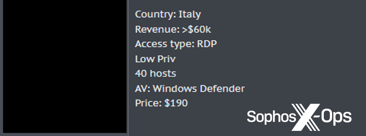 Figure 4: Access to a small business in Italy being offered for sale on a criminal forum