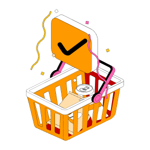 Shopping basket illustration with checkmark for satisfied customers