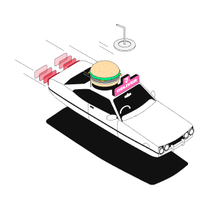 Fast-moving car illustration with burger representing quick delivery