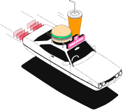Fast-moving car illustration with burger representing quick delivery