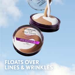 Covergirl + Olay Simply Ageless foundation in Soft Honey, 12g, with white and brown cream being poured out against a blue sky background.