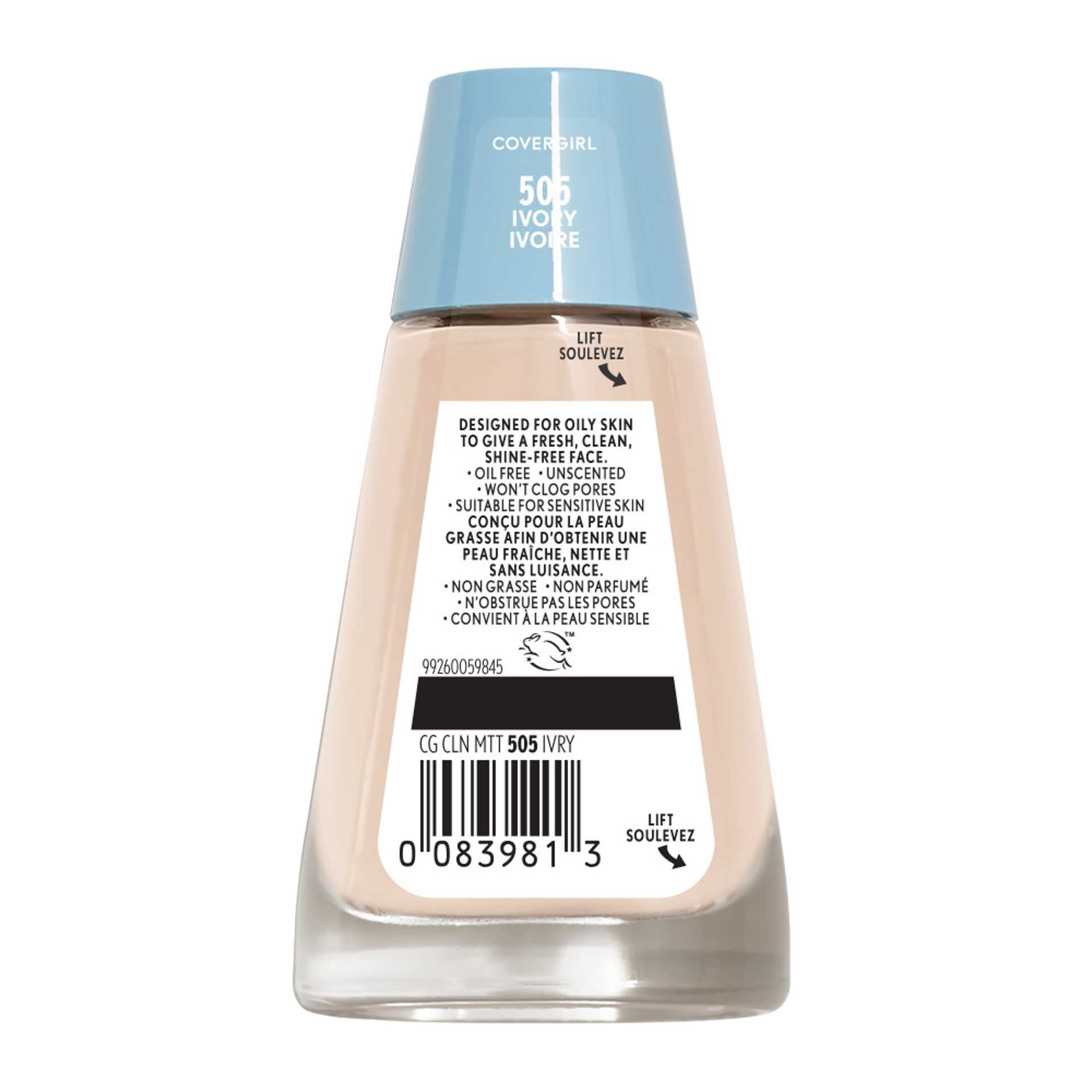 Fond de teint liquide Clean Matte de Covergirl en 505 Ivoire avec un capuchon bleu et une bouteille transparente.