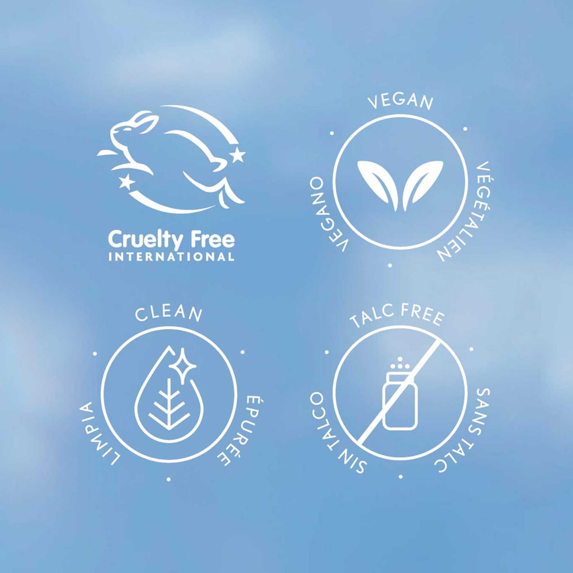 Certification Cruelty Free International, icônes véganes, propres et sans talc sur un fond bleu.