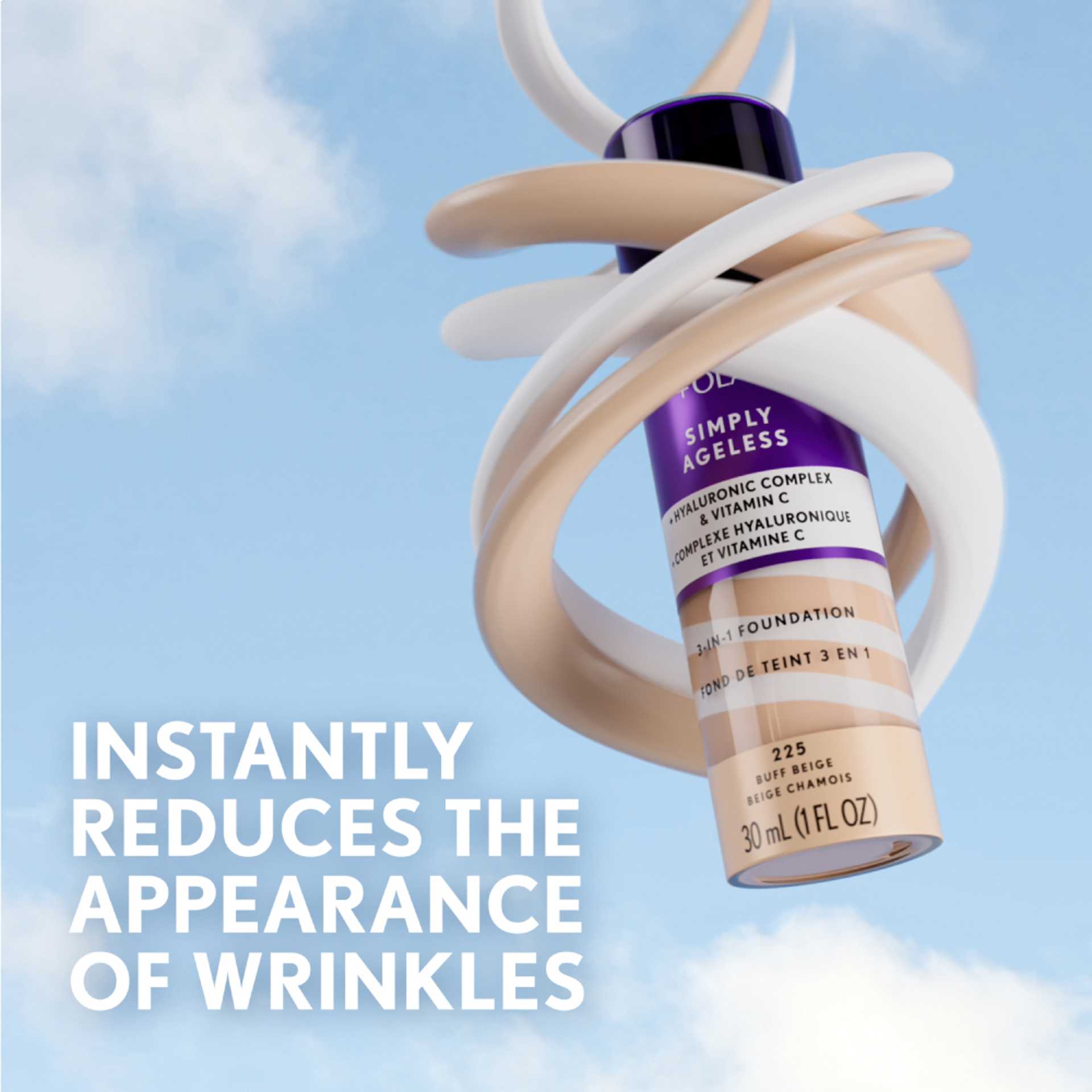 Simply Ageless 3-in-1 foundation bottle with purple cap and beige liquid swirls on blue cloudy background.