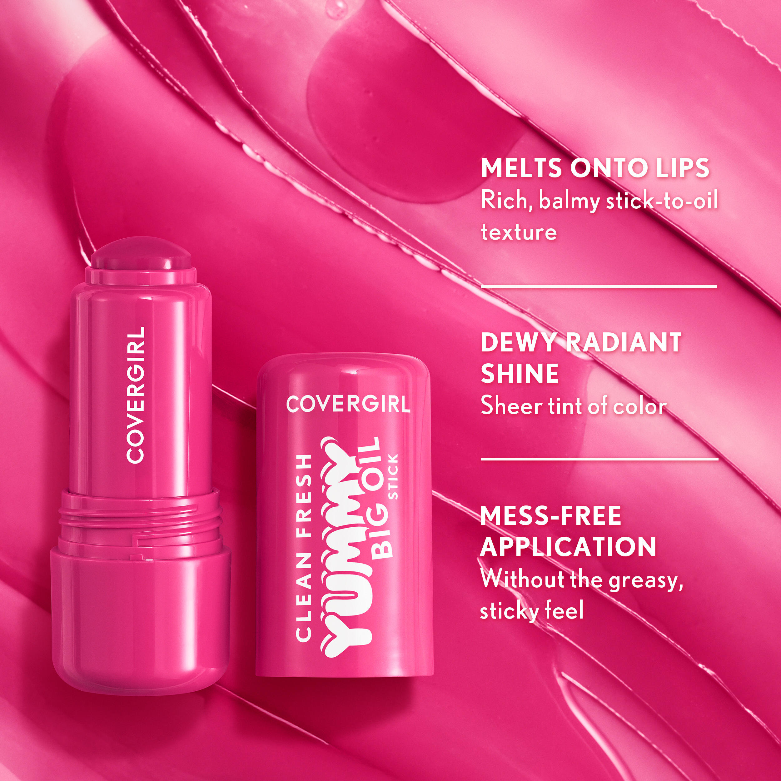 CoverGirl Clean Fresh Yummy Big Oil Stick benefits and texture infographic