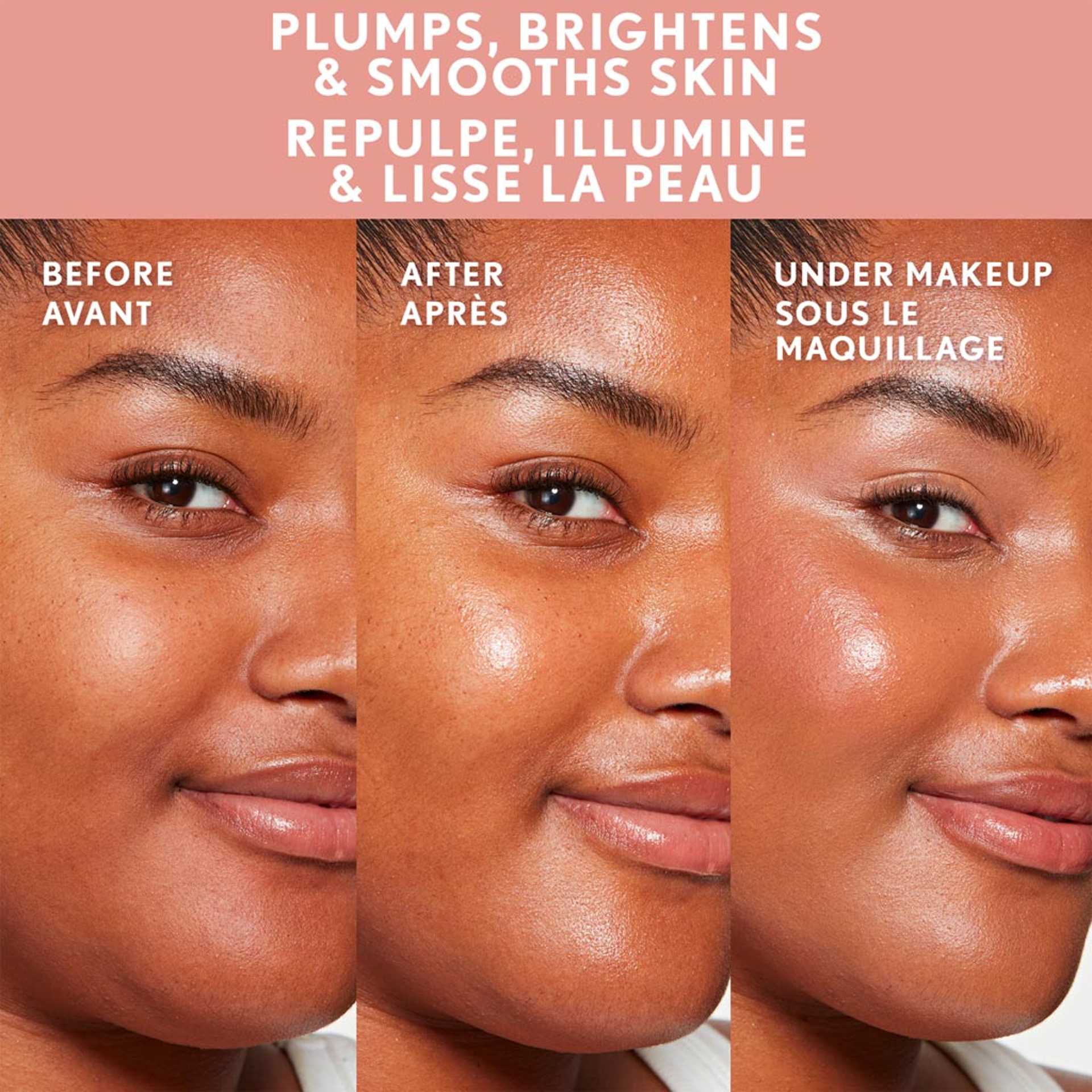 Modèle avec une peau éclatante avant et après l'utilisation du TruBlend Skin Enhancer Primer- 10 Plush Plump.