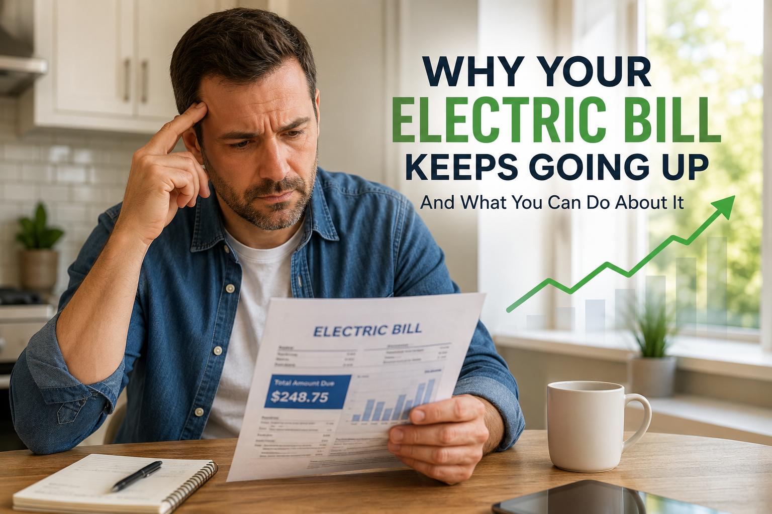 Homeowner reviewing a rising electric bill at the kitchen table