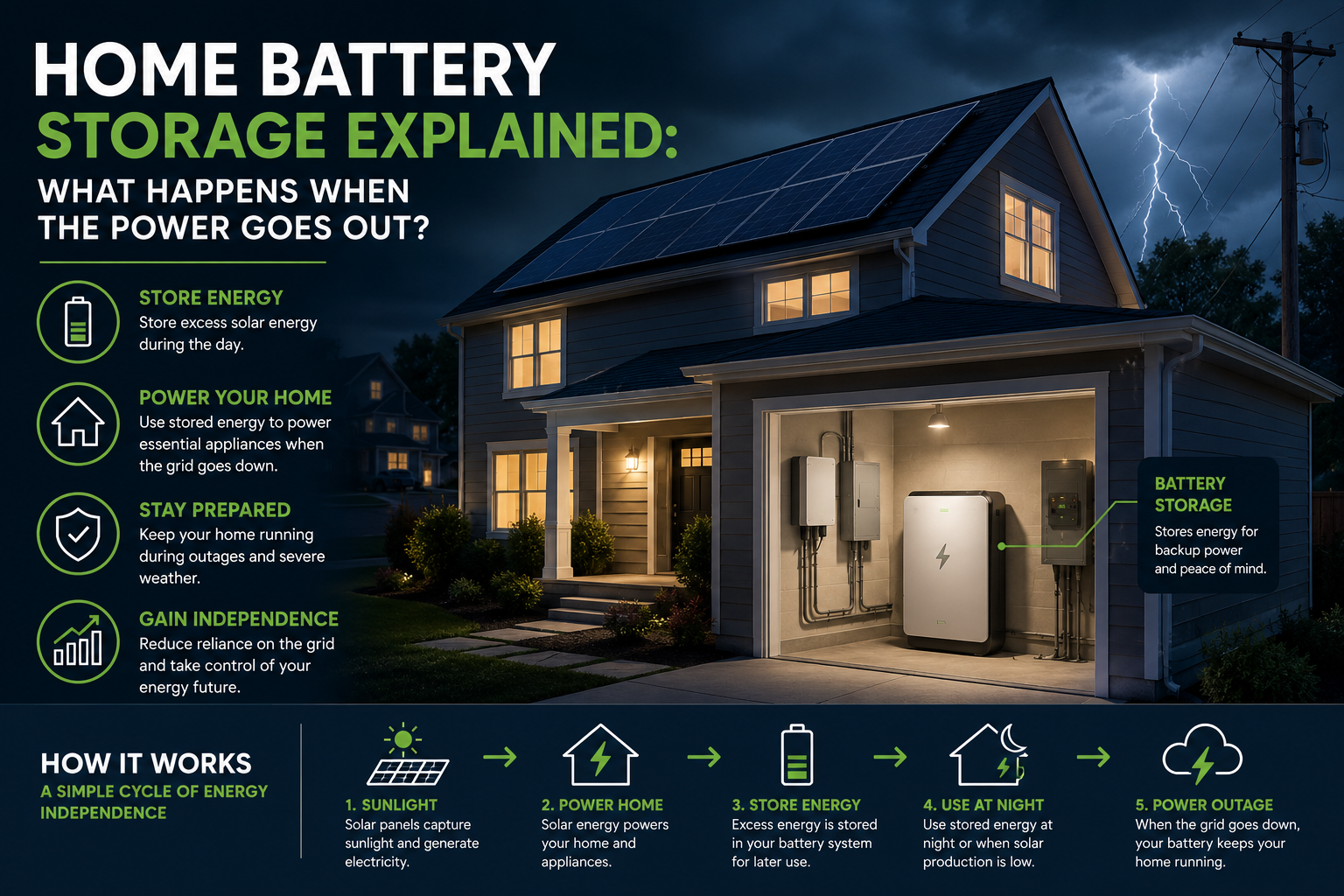 Home battery storage providing backup power during an outage