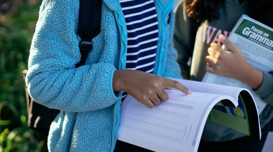 Dos estudiantes consultan información en el libro de gramática después de su lección sobre past perfect tense.