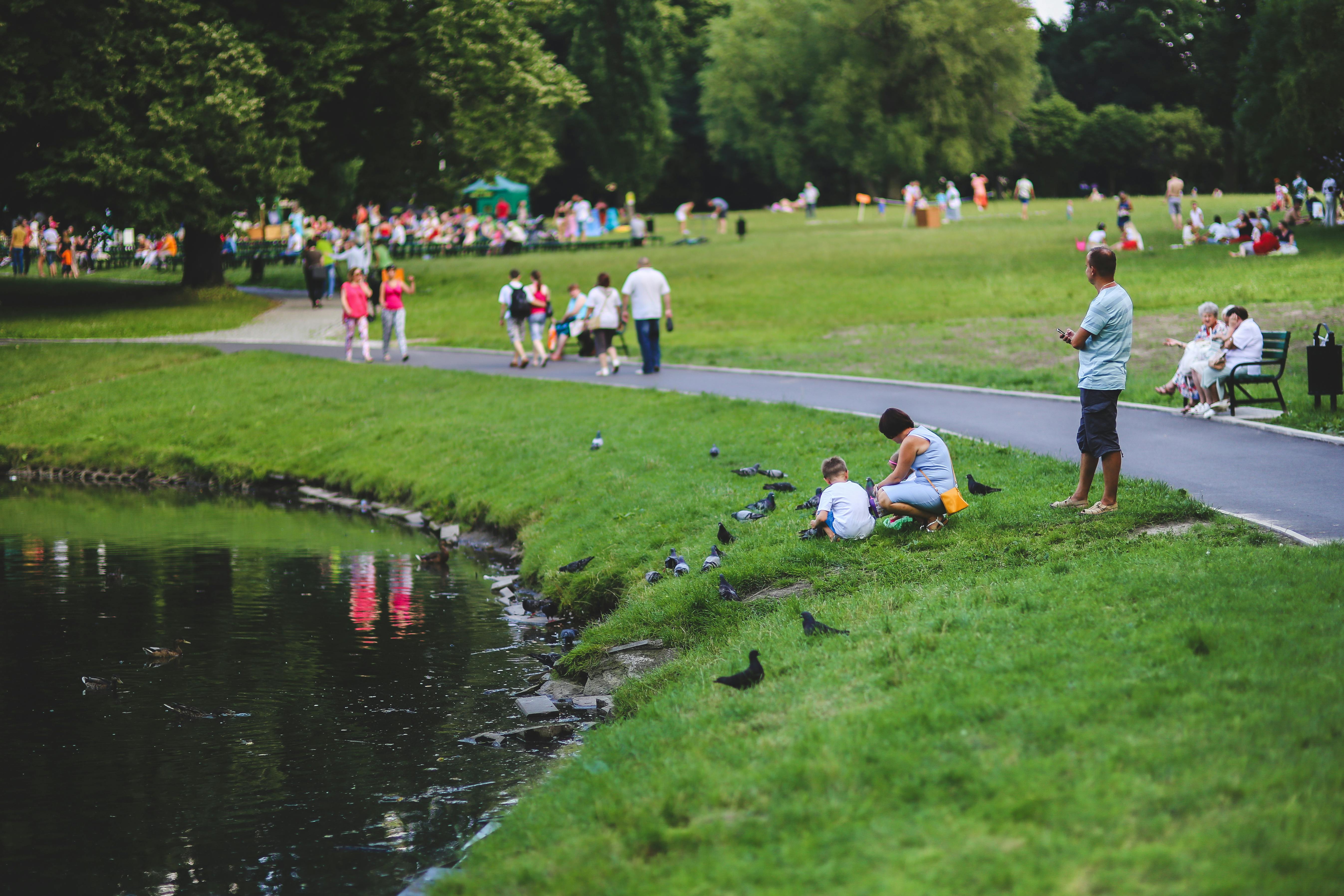 Gente caminando en un parque en inglés.