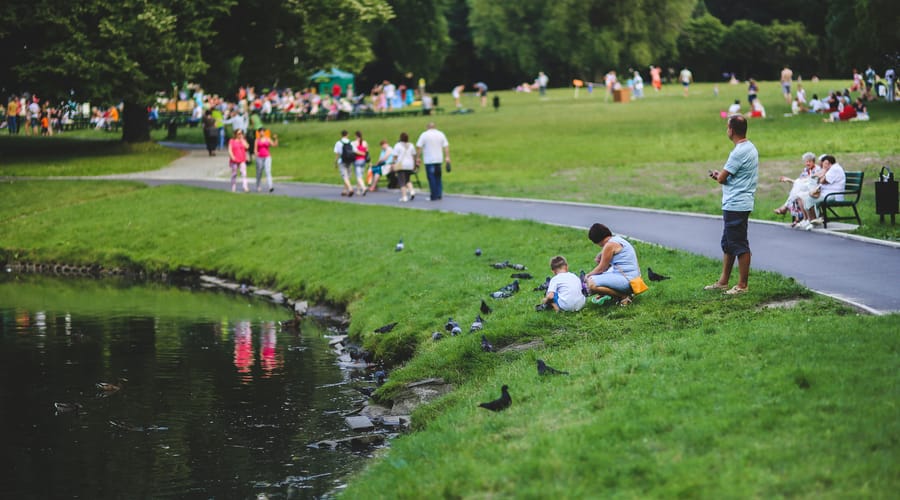 Gente caminando en un parque en inglés.