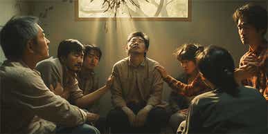 Japanese Support group surrounding someone struggling